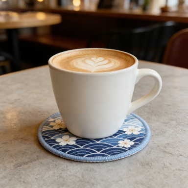 Japanese Wave & Floral Embroidered Round Coaster