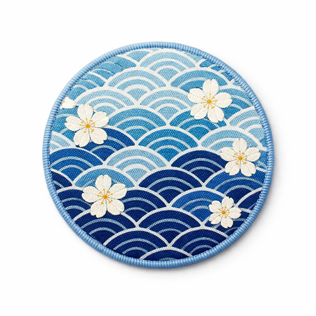 Japanese Wave & Floral Embroidered Round Coaster